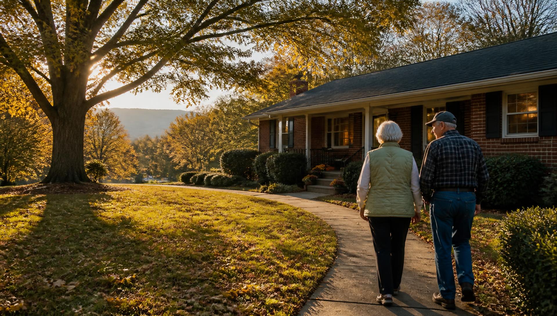 An older couple walking toward a well kept one story brick ranch home in East Tennessee at golden hour.