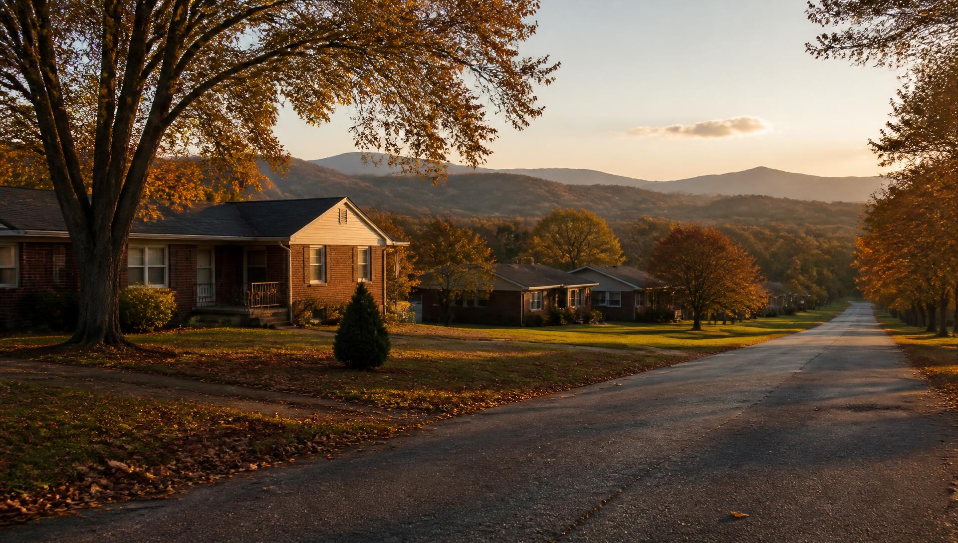 A quiet East Tennessee neighborhood street in autumn with foothills in the distance.